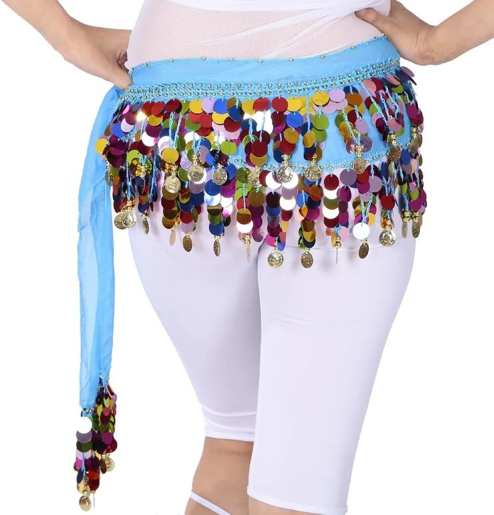 Belly Dance Color Sequin Film Gong Hip Scarf Skirt With Gold Coins For Women Belly Dancer Costume Chiffon