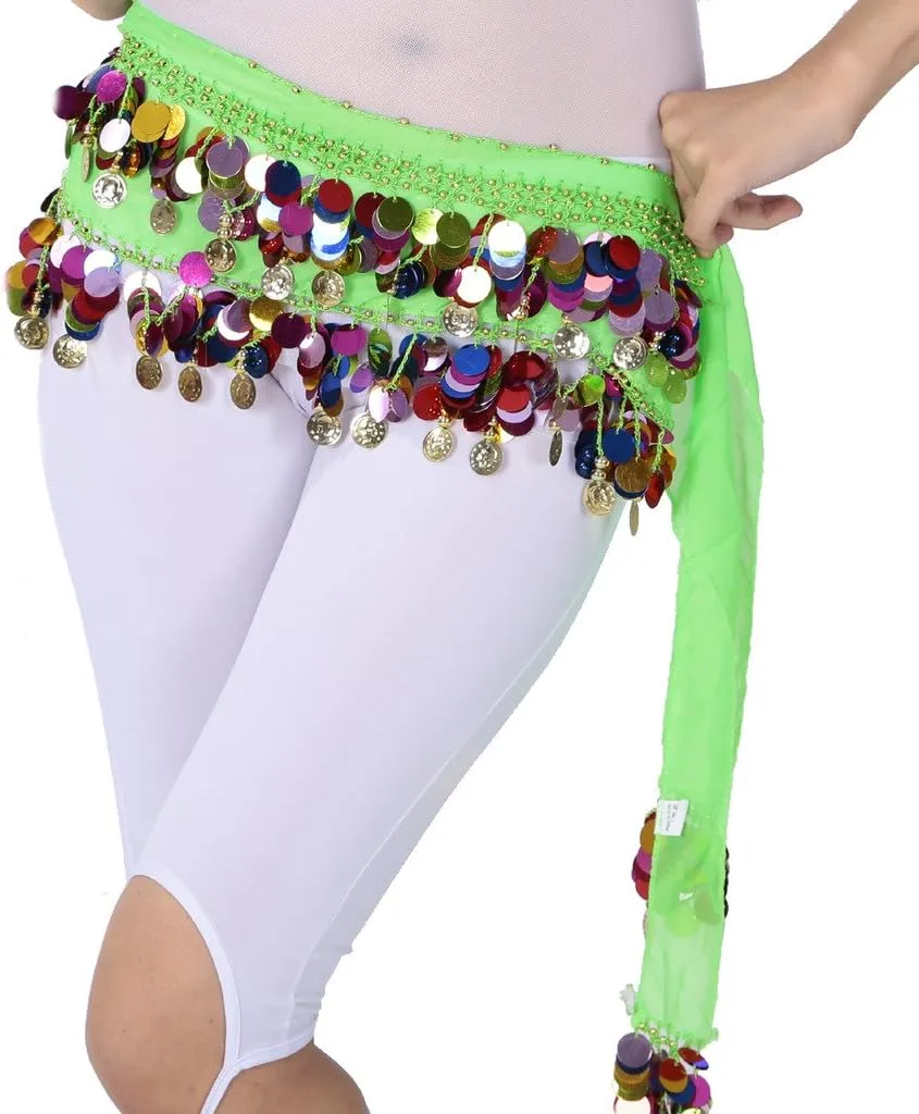 Belly Dance Color Sequin Film Gong Hip Scarf Skirt With Gold Coins For Women Belly Dancer Costume Chiffon