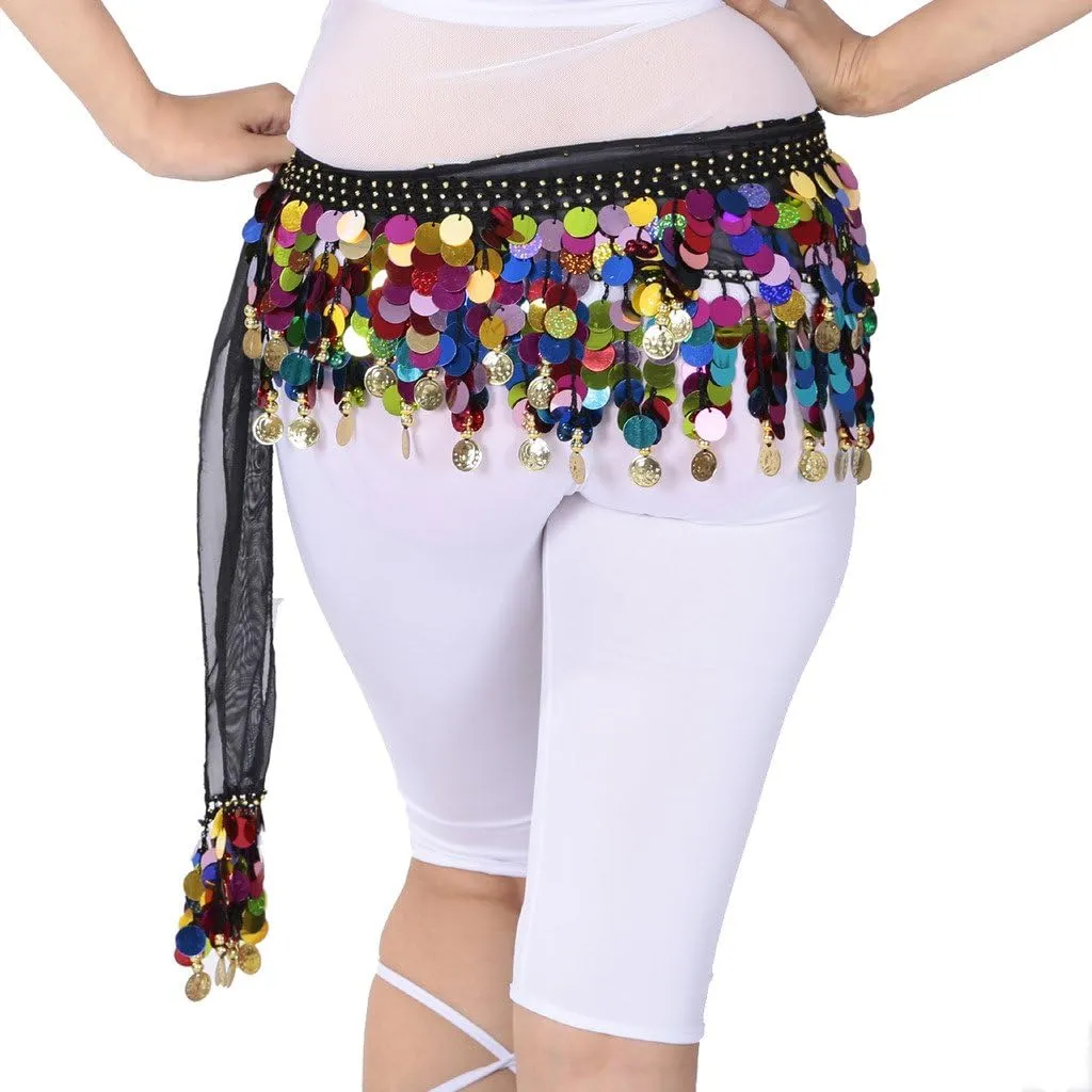 Belly Dance Color Sequin Film Gong Hip Scarf Skirt With Gold Coins For Women Belly Dancer Costume Chiffon