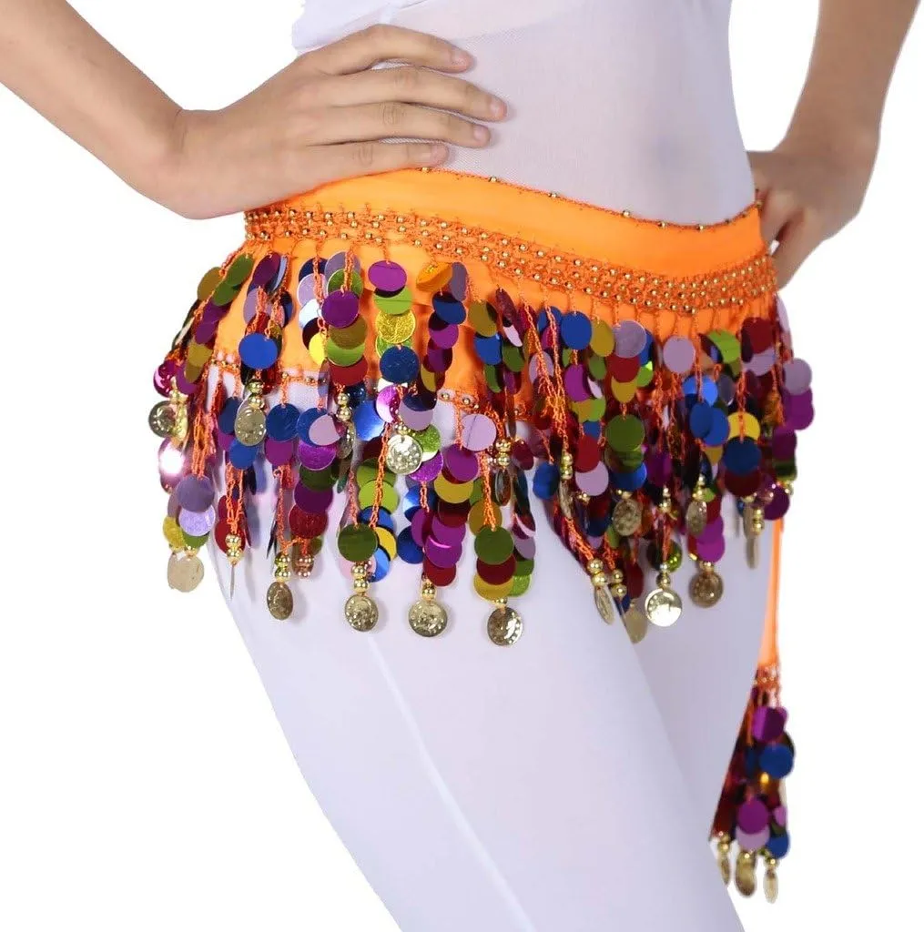 Belly Dance Color Sequin Film Gong Hip Scarf Skirt With Gold Coins For Women Belly Dancer Costume Chiffon