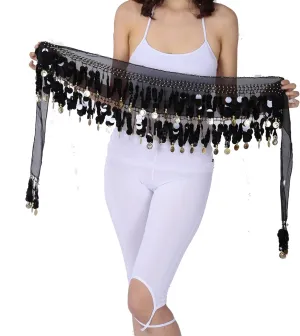 Belly Dance Color Sequin Film Gong Hip Scarf Skirt With Gold Coins For Women Belly Dancer Costume Chiffon