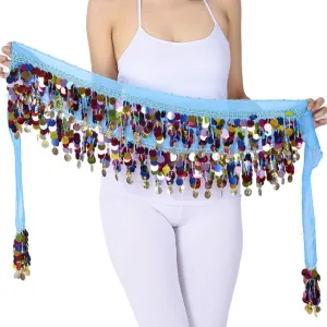 Belly Dance Color Sequin Film Gong Hip Scarf Skirt With Gold Coins For Women Belly Dancer Costume Chiffon