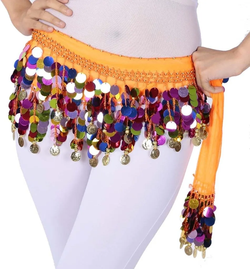 Belly Dance Color Sequin Film Gong Hip Scarf Skirt With Gold Coins For Women Belly Dancer Costume Chiffon