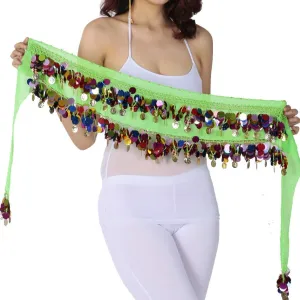Belly Dance Color Sequin Film Gong Hip Scarf Skirt With Gold Coins For Women Belly Dancer Costume Chiffon