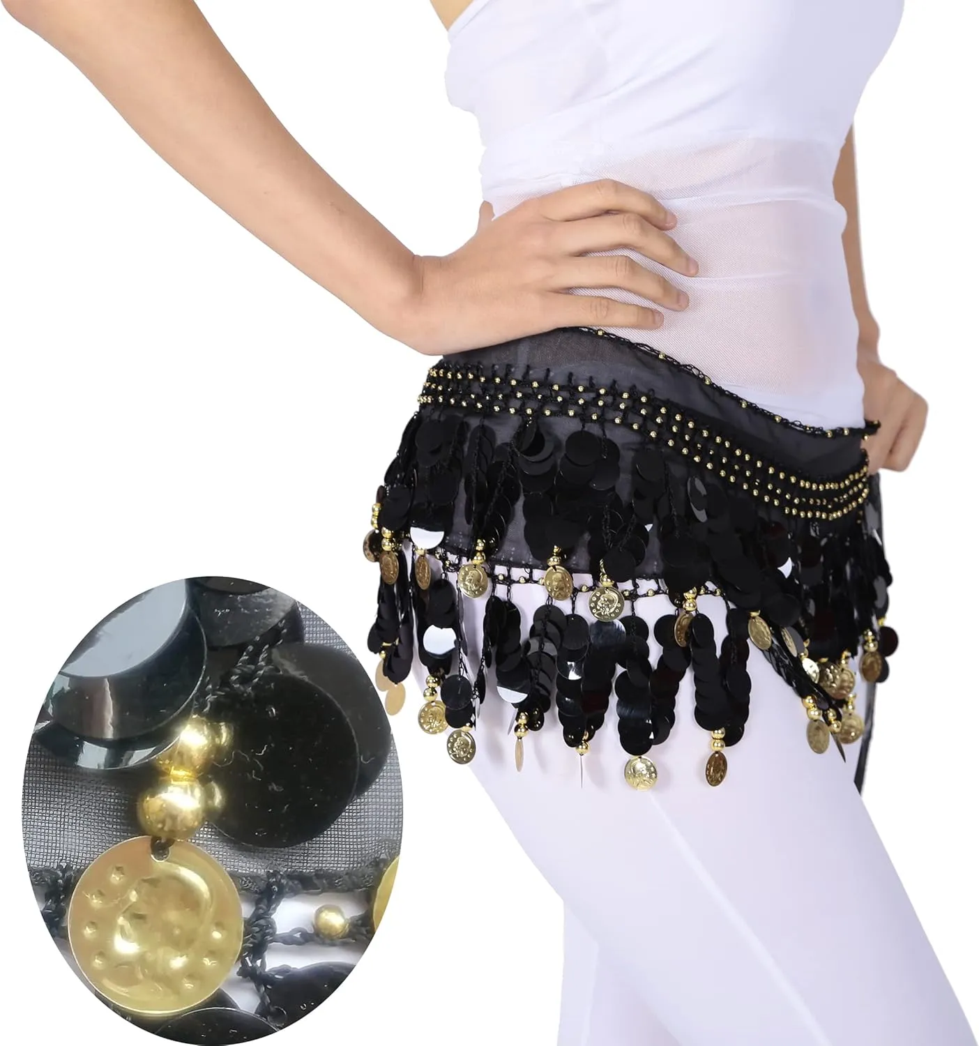 Belly Dance Color Sequin Film Gong Hip Scarf Skirt With Gold Coins For Women Belly Dancer Costume Chiffon