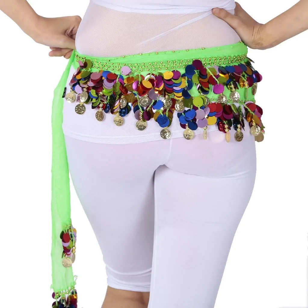 Belly Dance Color Sequin Film Gong Hip Scarf Skirt With Gold Coins For Women Belly Dancer Costume Chiffon
