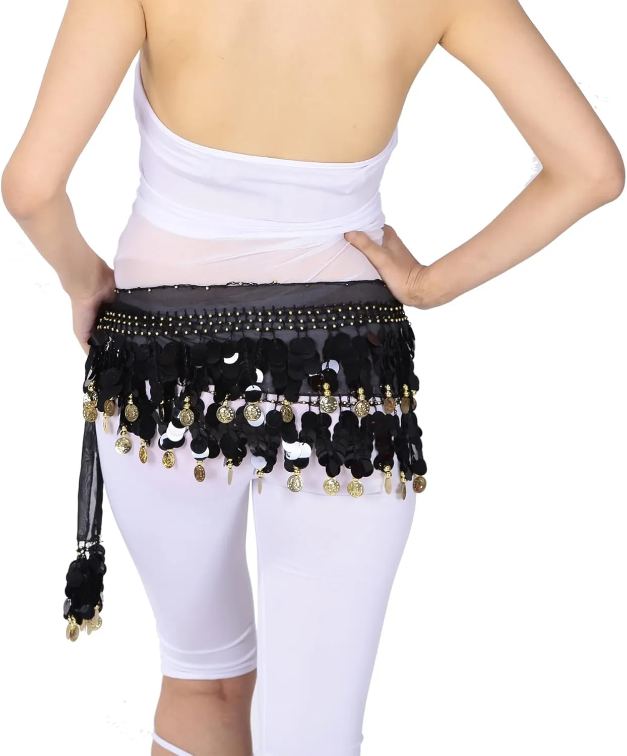 Belly Dance Color Sequin Film Gong Hip Scarf Skirt With Gold Coins For Women Belly Dancer Costume Chiffon