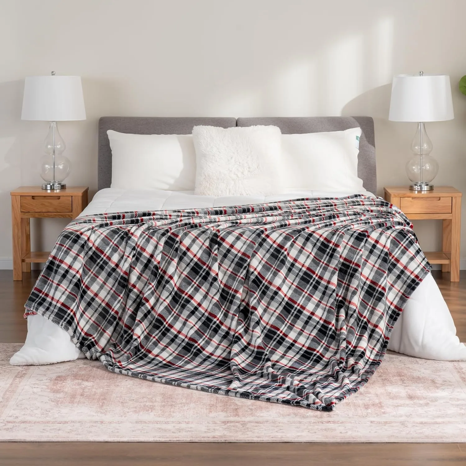 Berkshire Blanket-Classic Heavyweight Soft Printed VelvetLoft® Plush Warm Blanket, Twin Size Soft Fuzzy Blanket for Couch Sofa Bed, Plaid Black Red, 60in x 90in