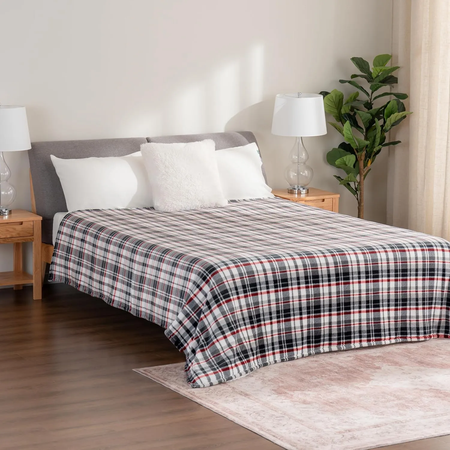 Berkshire Blanket-Classic Heavyweight Soft Printed VelvetLoft® Plush Warm Blanket, Twin Size Soft Fuzzy Blanket for Couch Sofa Bed, Plaid Black Red, 60in x 90in