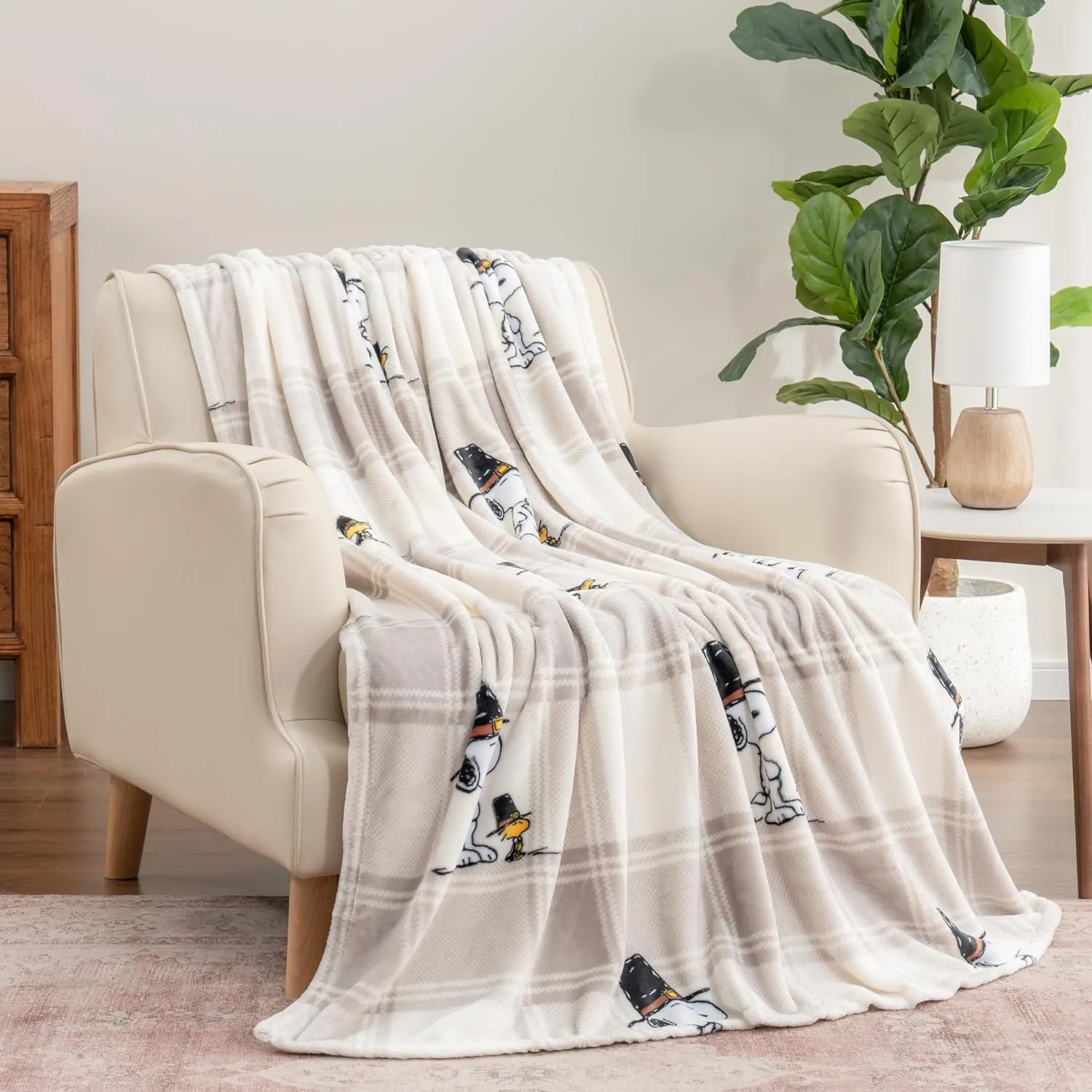 Berkshire Blanket Peanuts® VelvetLoft® Cute Character Snoopy Plush Throw Blanket,Lakeside Plaid Harvest Snoopy and Woodstock Grey,Throw 55 in x 70 in (Official Peanuts® Product)