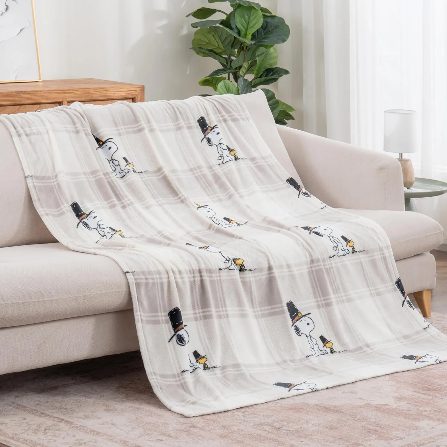Berkshire Blanket Peanuts® VelvetLoft® Cute Character Snoopy Plush Throw Blanket,Lakeside Plaid Harvest Snoopy and Woodstock Grey,Throw 55 in x 70 in (Official Peanuts® Product)