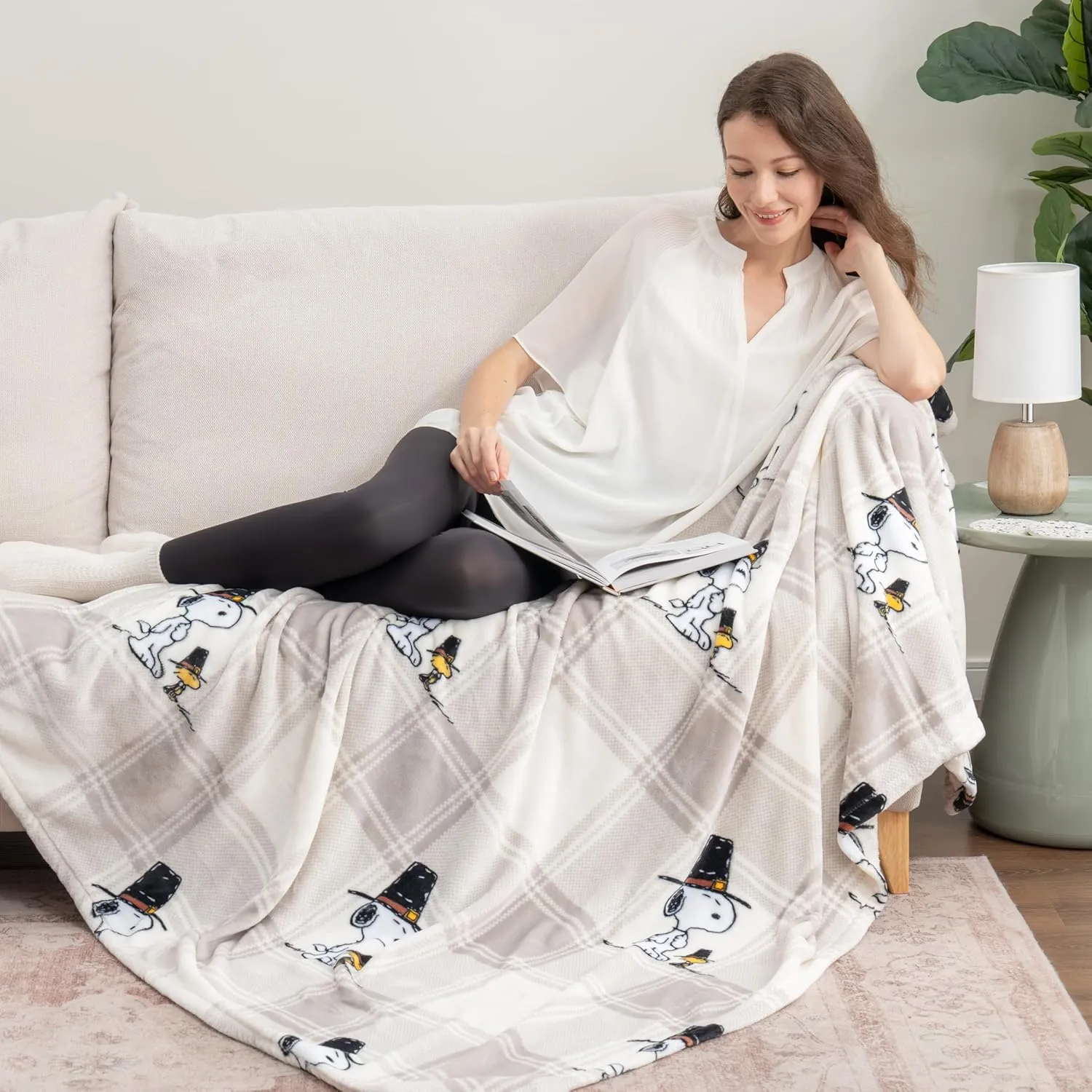Berkshire Blanket Peanuts® VelvetLoft® Cute Character Snoopy Plush Throw Blanket,Lakeside Plaid Harvest Snoopy and Woodstock Grey,Throw 55 in x 70 in (Official Peanuts® Product)