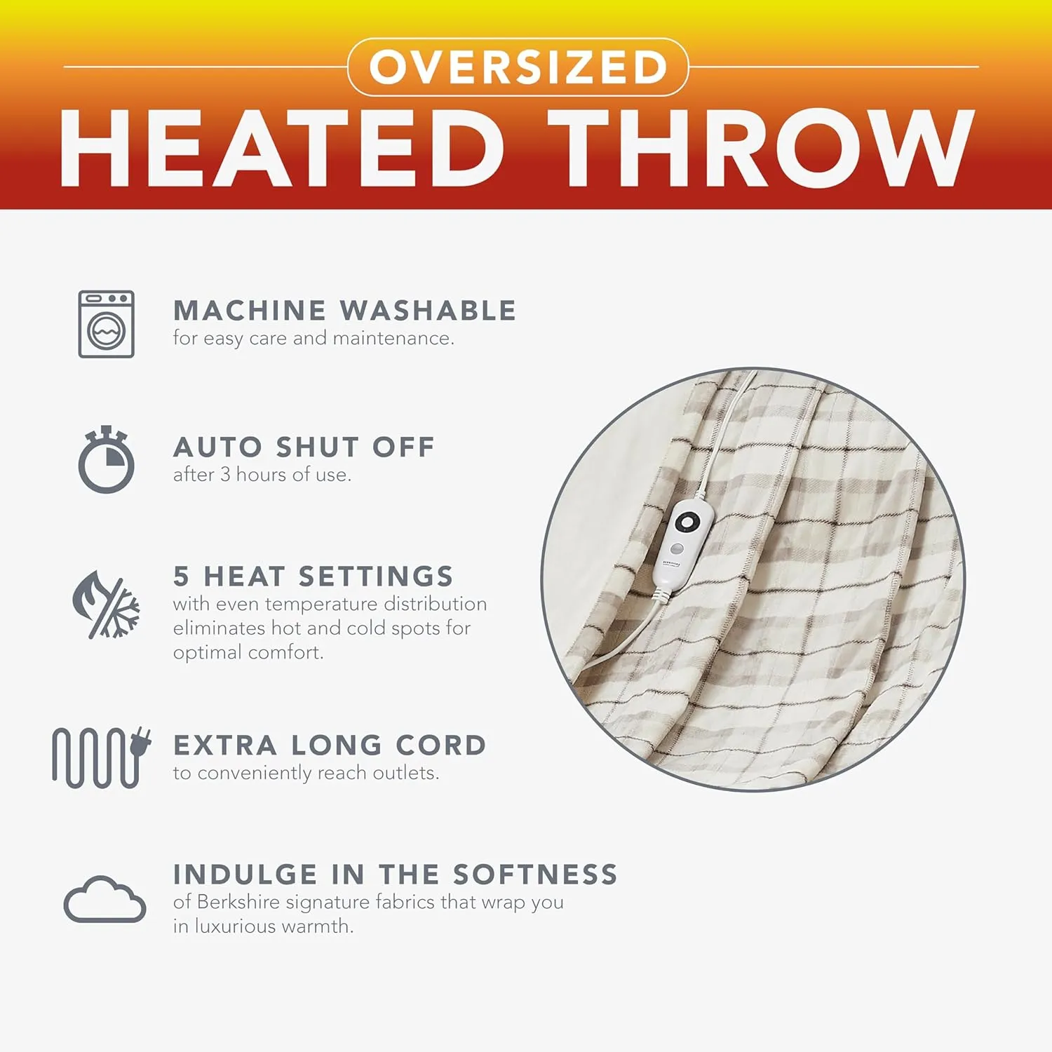 Berkshire Blanket VelvetLoft® Heated Electric Throw - 60" x 70" Heating Warm Blanket Throw with 5 Temperature Settings,Auto Shut-Off Feature(Brookfield Plaid Neutral)