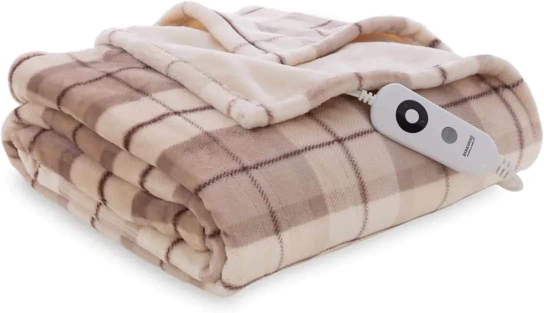 Berkshire Blanket VelvetLoft® Heated Electric Throw - 60" x 70" Heating Warm Blanket Throw with 5 Temperature Settings,Auto Shut-Off Feature(Brookfield Plaid Neutral)