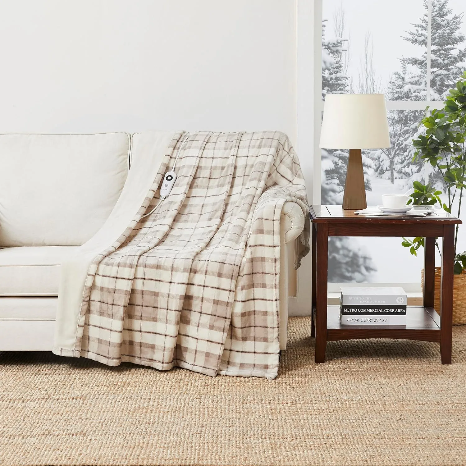 Berkshire Blanket VelvetLoft® Heated Electric Throw - 60" x 70" Heating Warm Blanket Throw with 5 Temperature Settings,Auto Shut-Off Feature(Brookfield Plaid Neutral)
