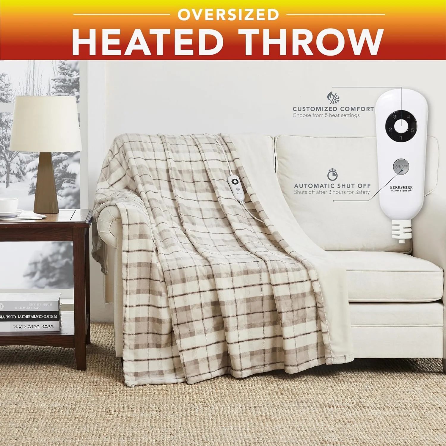 Berkshire Blanket VelvetLoft® Heated Electric Throw - 60" x 70" Heating Warm Blanket Throw with 5 Temperature Settings,Auto Shut-Off Feature(Brookfield Plaid Neutral)