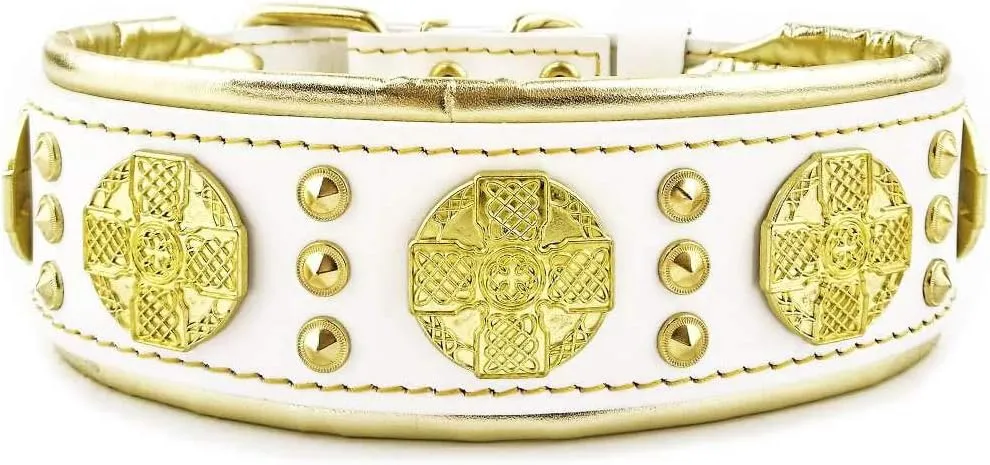 Bestia Maximus Genuine Leather Dog Collar, Large Breeds, Cane Corso, Rottweiler, Boxer, Bullmastiff, Dogo, Studded, L- XXL Size, 2.5 Inch Wide. Padded. White & Gold. Europe`s Finest Dog Gear!