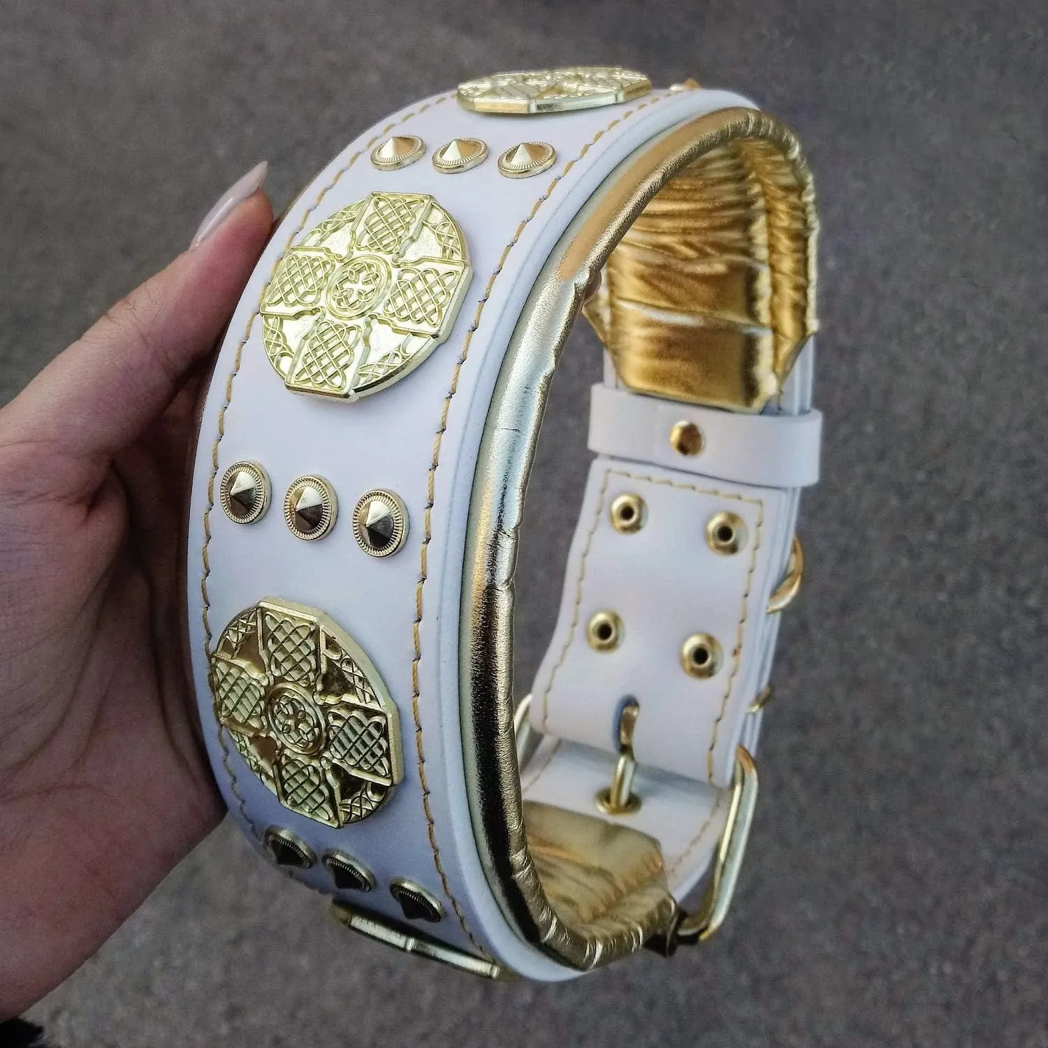 Bestia Maximus Genuine Leather Dog Collar, Large Breeds, Cane Corso, Rottweiler, Boxer, Bullmastiff, Dogo, Studded, L- XXL Size, 2.5 Inch Wide. Padded. White & Gold. Europe`s Finest Dog Gear!
