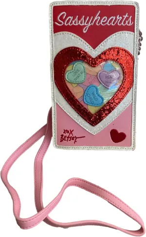 Betsey Johnson Valentine’s Day 3D Message Candy Hearts Red & White Glitter Trimmed Heart Plus Embroidery XO Sweets Sassy Hearts Small Crossbody