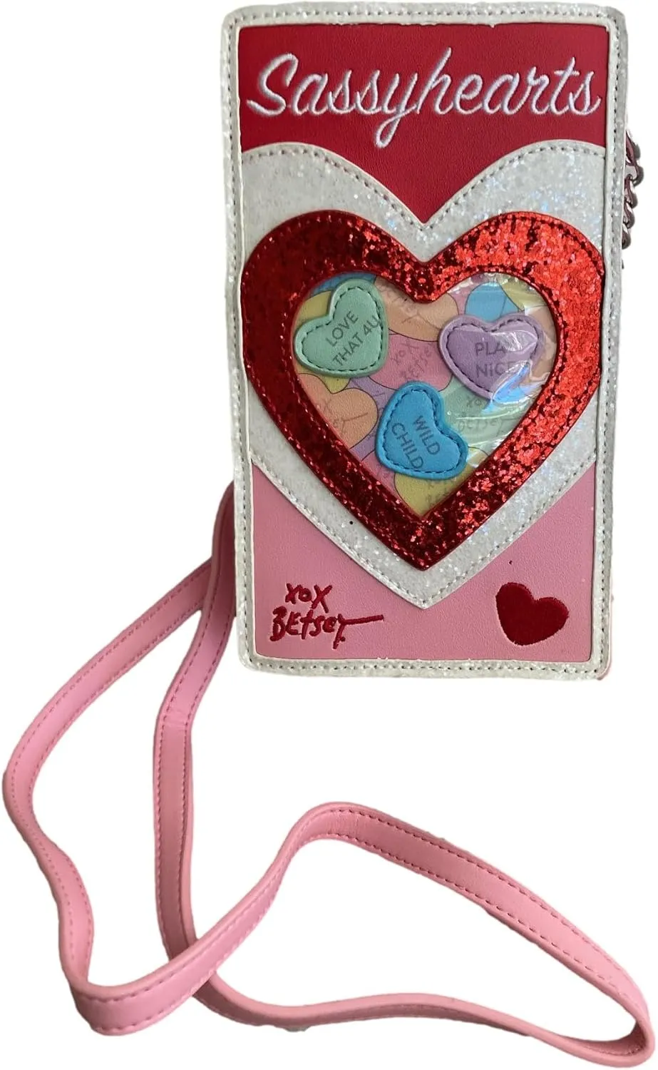 Betsey Johnson Valentine’s Day 3D Message Candy Hearts Red & White Glitter Trimmed Heart Plus Embroidery XO Sweets Sassy Hearts Small Crossbody