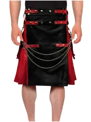 Black & Red Chain Studded Leather Kilt for Men