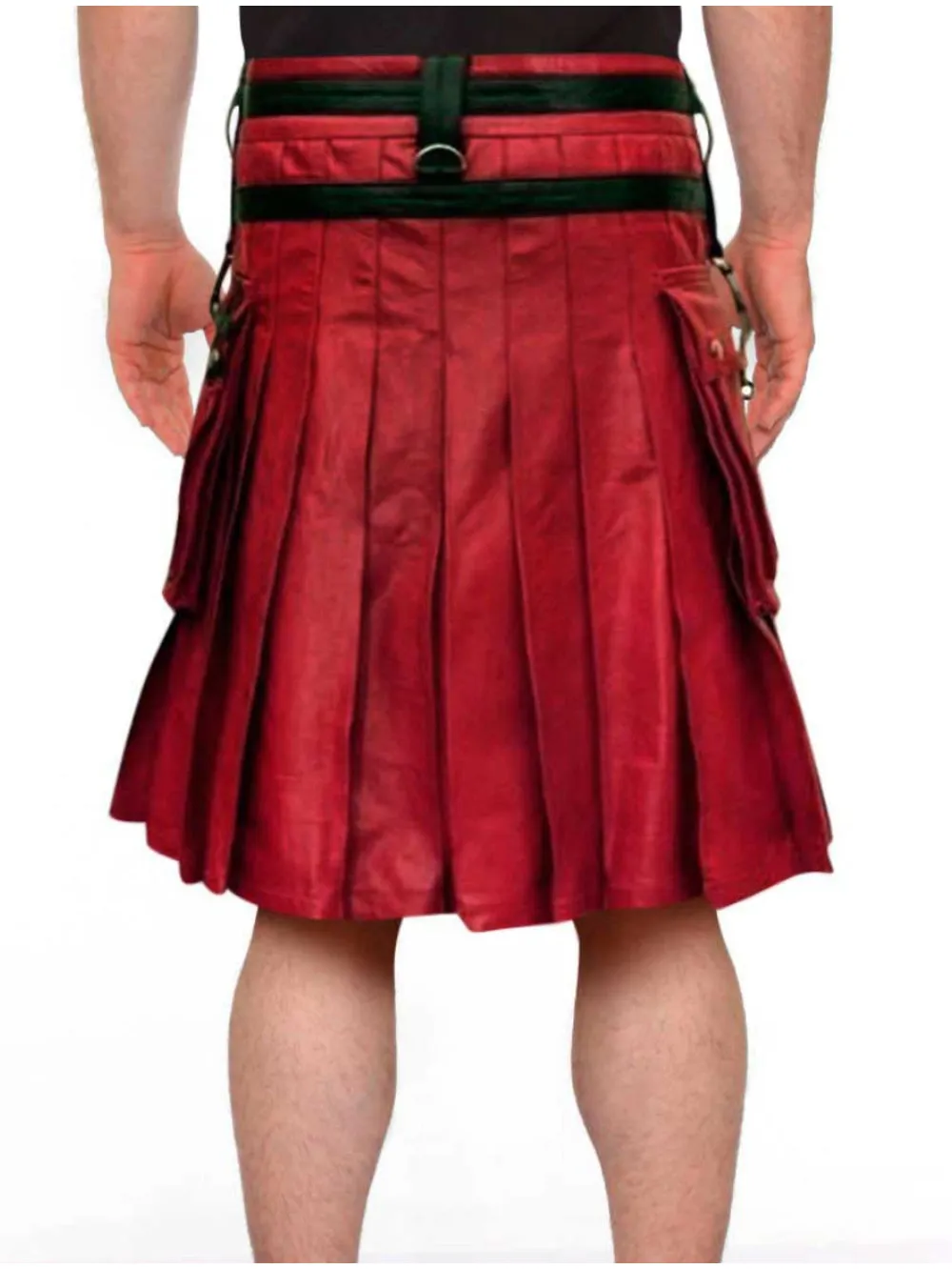 Black & Red Chain Studded Leather Kilt for Men