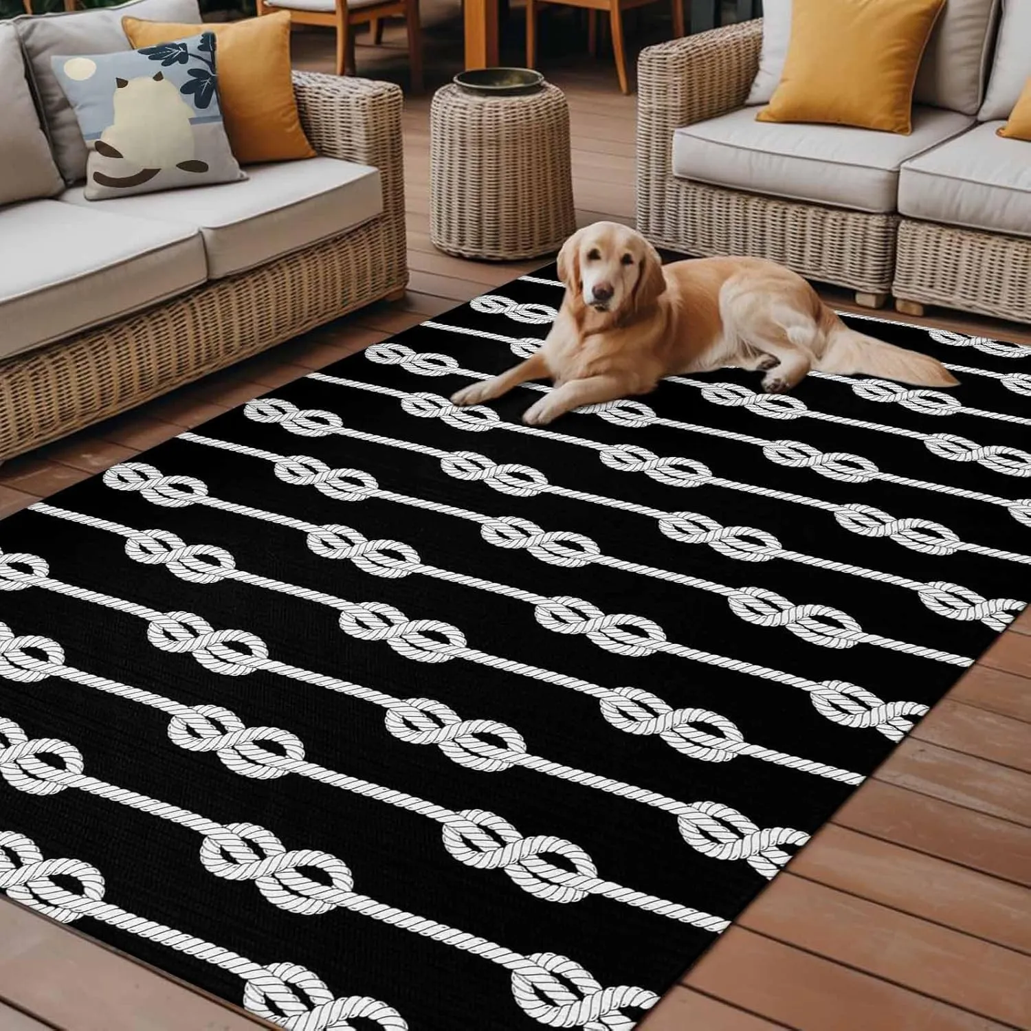 Black Knot Outdoor Patio Rug 4x6ft Large, Washable RV Camping Outside Area Runner Rug Mat, Nautical Striped Monochrome Ocean Indoor Outdoor Carpet for Picnic Backyard Deck Porch Balcony Beach
