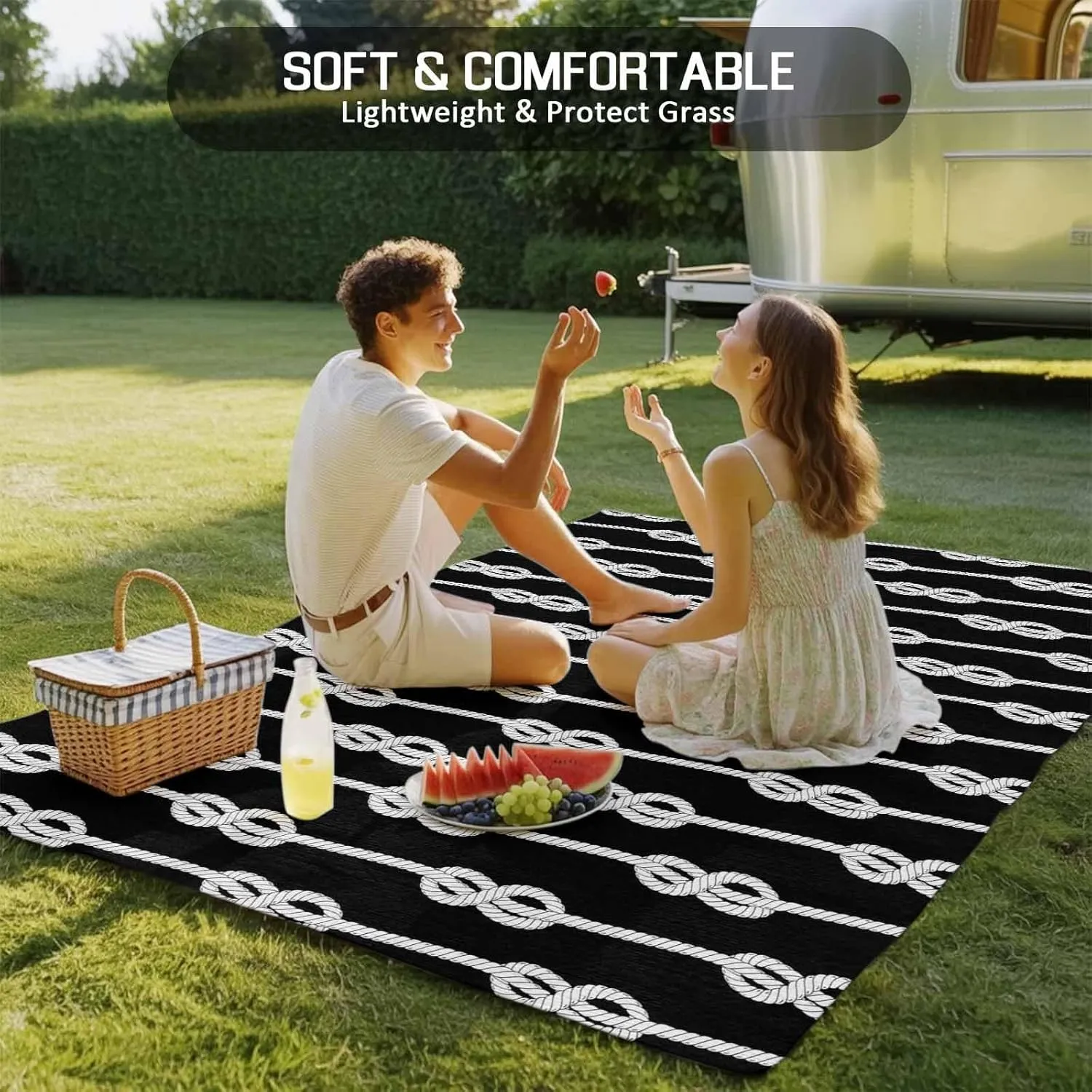 Black Knot Outdoor Patio Rug 4x6ft Large, Washable RV Camping Outside Area Runner Rug Mat, Nautical Striped Monochrome Ocean Indoor Outdoor Carpet for Picnic Backyard Deck Porch Balcony Beach