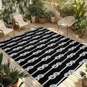 Black Knot Outdoor Patio Rug 4x6ft Large, Washable RV Camping Outside Area Runner Rug Mat, Nautical Striped Monochrome Ocean Indoor Outdoor Carpet for Picnic Backyard Deck Porch Balcony Beach