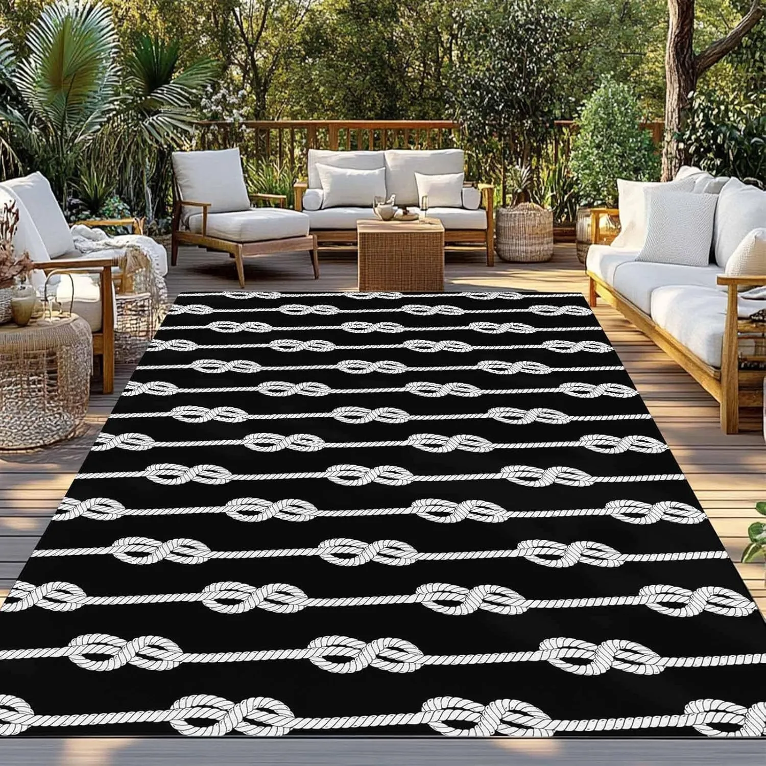 Black Knot Outdoor Patio Rug 4x6ft Large, Washable RV Camping Outside Area Runner Rug Mat, Nautical Striped Monochrome Ocean Indoor Outdoor Carpet for Picnic Backyard Deck Porch Balcony Beach
