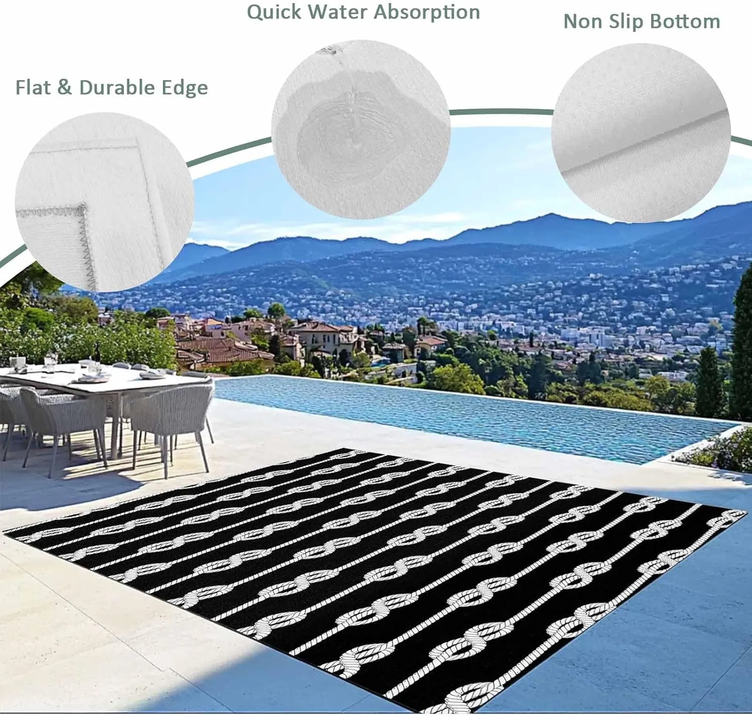 Black Knot Outdoor Patio Rug 4x6ft Large, Washable RV Camping Outside Area Runner Rug Mat, Nautical Striped Monochrome Ocean Indoor Outdoor Carpet for Picnic Backyard Deck Porch Balcony Beach