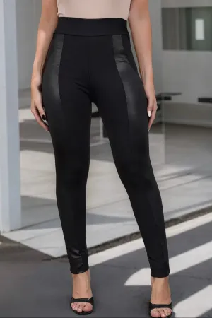 Black Leather Panel Patchwork High-waist Leggings