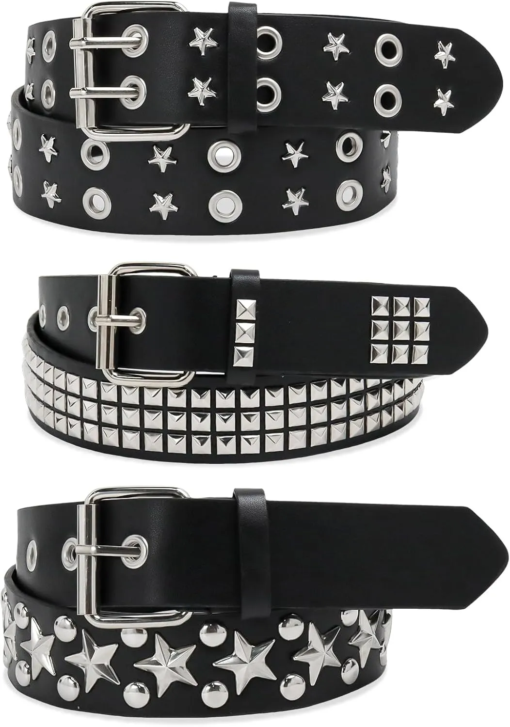 Black Studded Belt, 3 Pcs Y2K Belt Star Goth EMO Punk Rock Double Grommet with Bright Pyramid Studded for Women Men