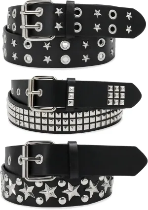 Black Studded Belt, 3 Pcs Y2K Belt Star Goth EMO Punk Rock Double Grommet with Bright Pyramid Studded for Women Men