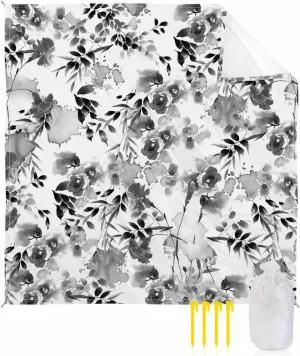 Black Watercolor Beach Blanket Large with Stakes Waterproof Sandproof Beach Mat with Corner Pockets for Outdoor Travel Camping Hiking Picnic Essentials,Spring Botanical Rose Plant Herb 84"x108"