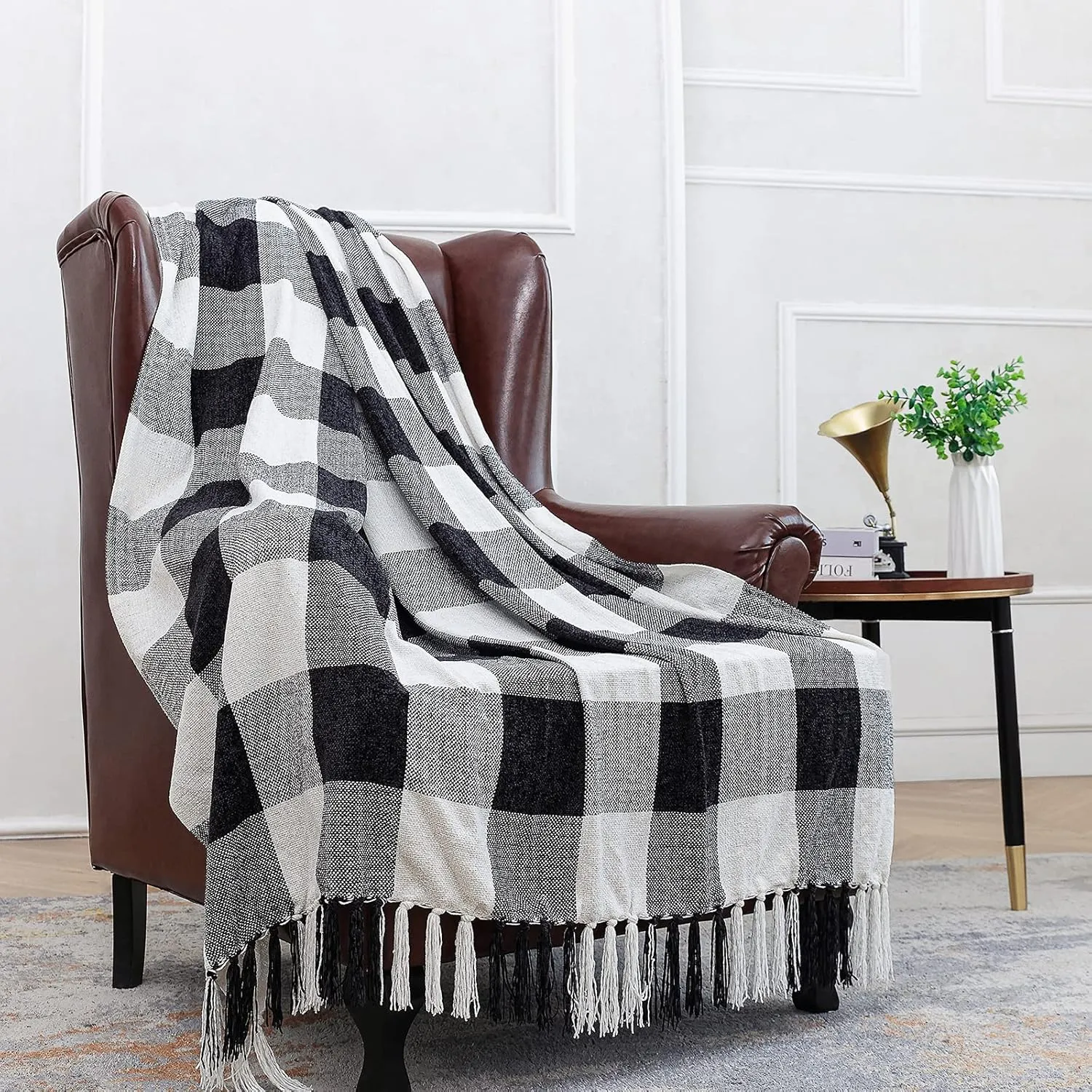 Black White Buffalo Plaid Decor Blanket, Lightweight Soft Chenille Check Knitted Rustic Farmhouse Throw with Tassels for Couch Sofa Chair Bed Office Home, Black and Ivory, 60" x 80"
