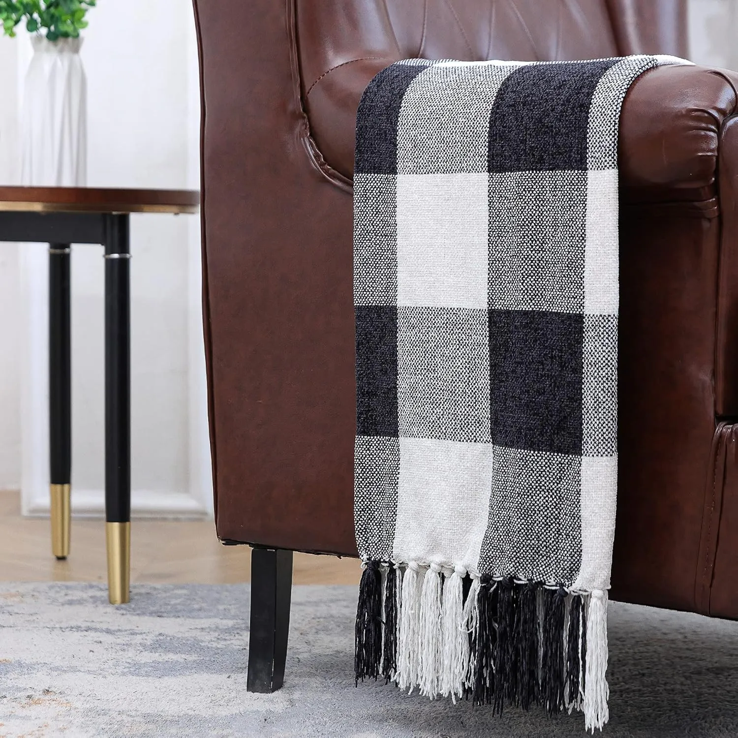 Black White Buffalo Plaid Decor Blanket, Lightweight Soft Chenille Check Knitted Rustic Farmhouse Throw with Tassels for Couch Sofa Chair Bed Office Home, Black and Ivory, 60" x 80"