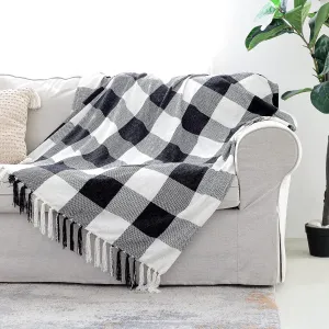 Black White Buffalo Plaid Decor Blanket, Lightweight Soft Chenille Check Knitted Rustic Farmhouse Throw with Tassels for Couch Sofa Chair Bed Office Home, Black and Ivory, 60" x 80"