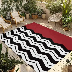 Black White Chevron Outdoor Rug 6x9ft Large Patio Rug,Washable RV Camping Outside Area Runner Rug Mat,Geometric Red Sea Wavy Striped Indoor Outdoor Carpet for Picnic Backyard Deck Porch Balcony Beach