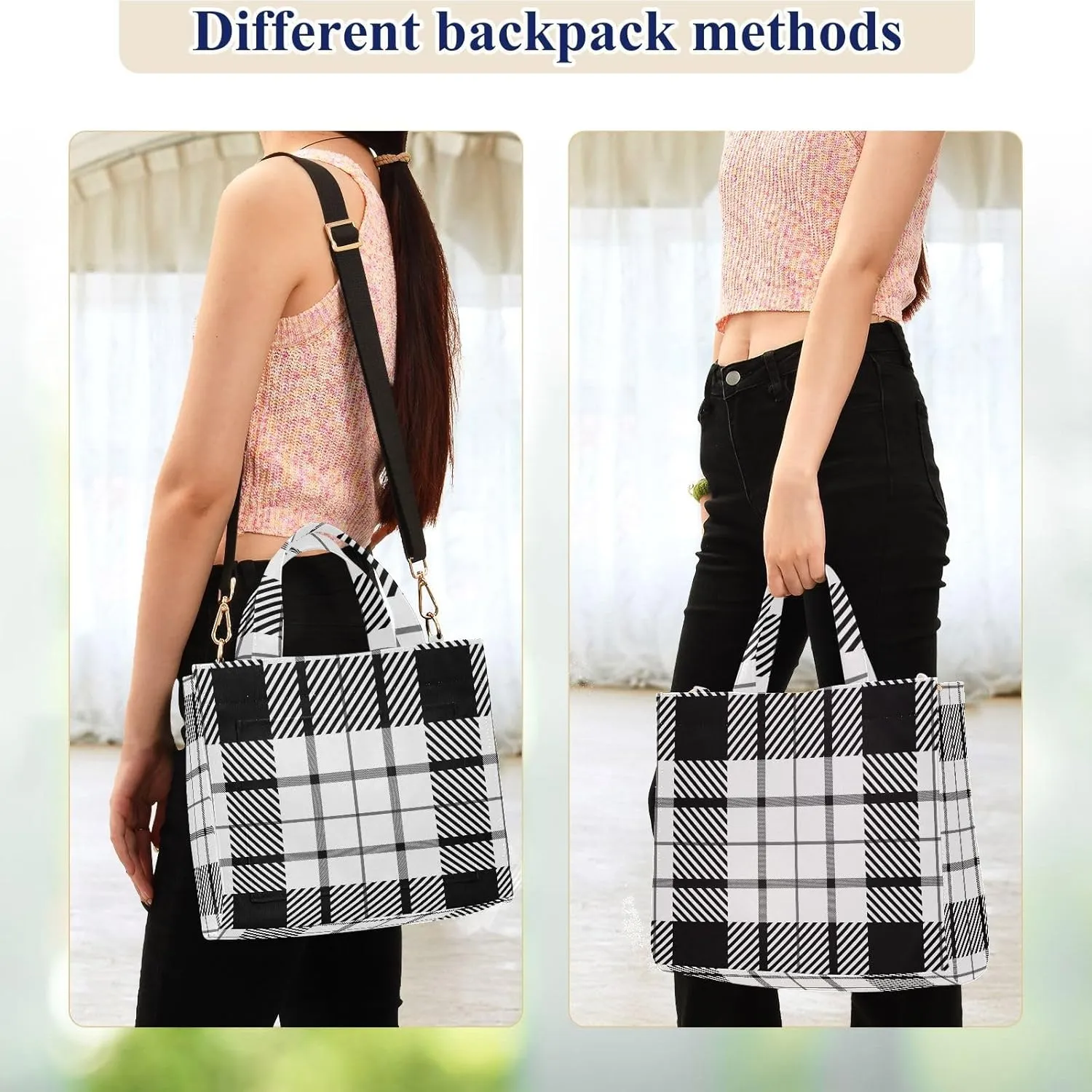 Black White Tartan Plaid Pattern Womens Handbag Satchel Tote Bag for Work Weekender Travel Gym Shopping