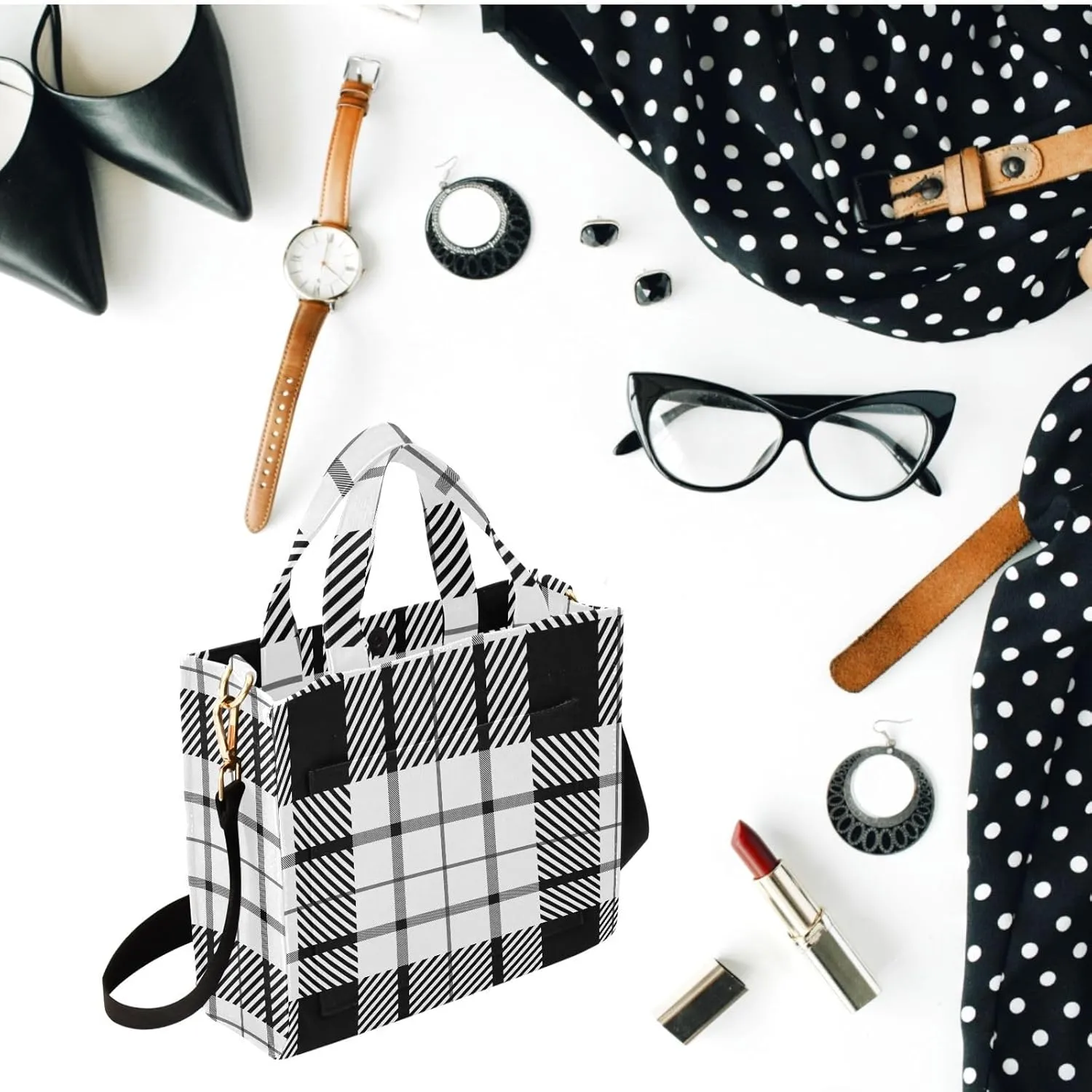 Black White Tartan Plaid Pattern Womens Handbag Satchel Tote Bag for Work Weekender Travel Gym Shopping
