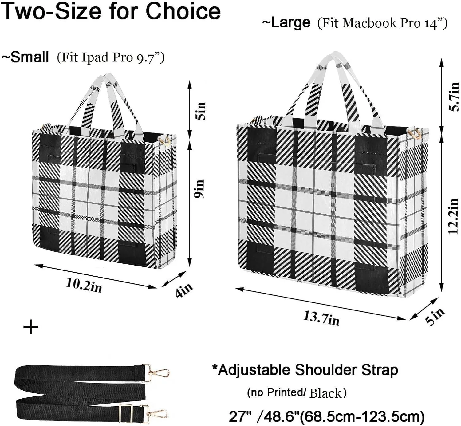 Black White Tartan Plaid Pattern Womens Handbag Satchel Tote Bag for Work Weekender Travel Gym Shopping