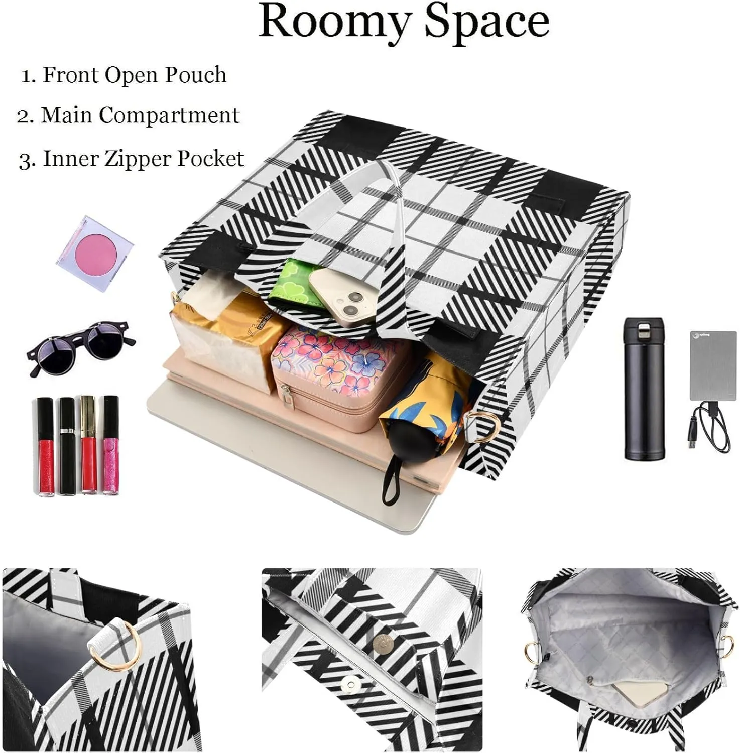 Black White Tartan Plaid Pattern Womens Handbag Satchel Tote Bag for Work Weekender Travel Gym Shopping