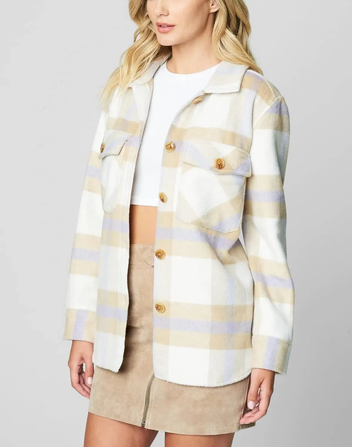 [BLANKNYC] Womens Luxury Clothing Plaid Shirt Jacket, Stylish Shacket & Trendy Coat