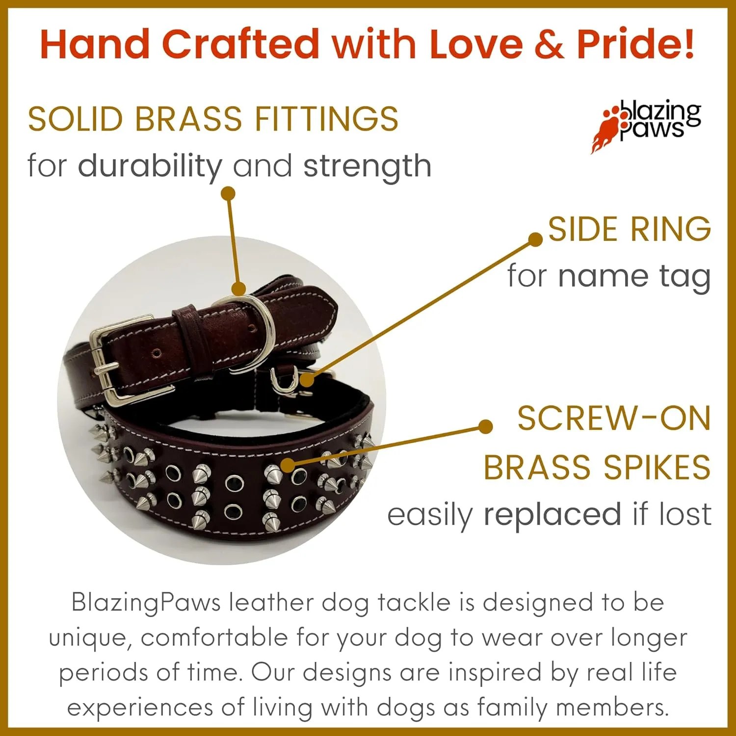 BlazingPaws® Sabrington 2 inch Wide Luxury Spike Leather Dog Collar for Large Dog, with Screw-on Spikes in Premium Brown Bridle Leather and Soft Suede Leather Padding (Neck Size: 23-27 Inches, Brown)