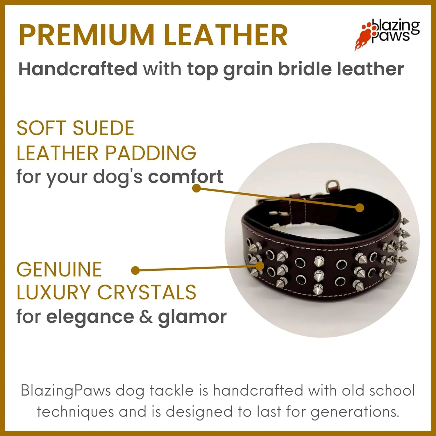BlazingPaws® Sabrington 2 inch Wide Luxury Spike Leather Dog Collar for Large Dog, with Screw-on Spikes in Premium Brown Bridle Leather and Soft Suede Leather Padding (Neck Size: 23-27 Inches, Brown)