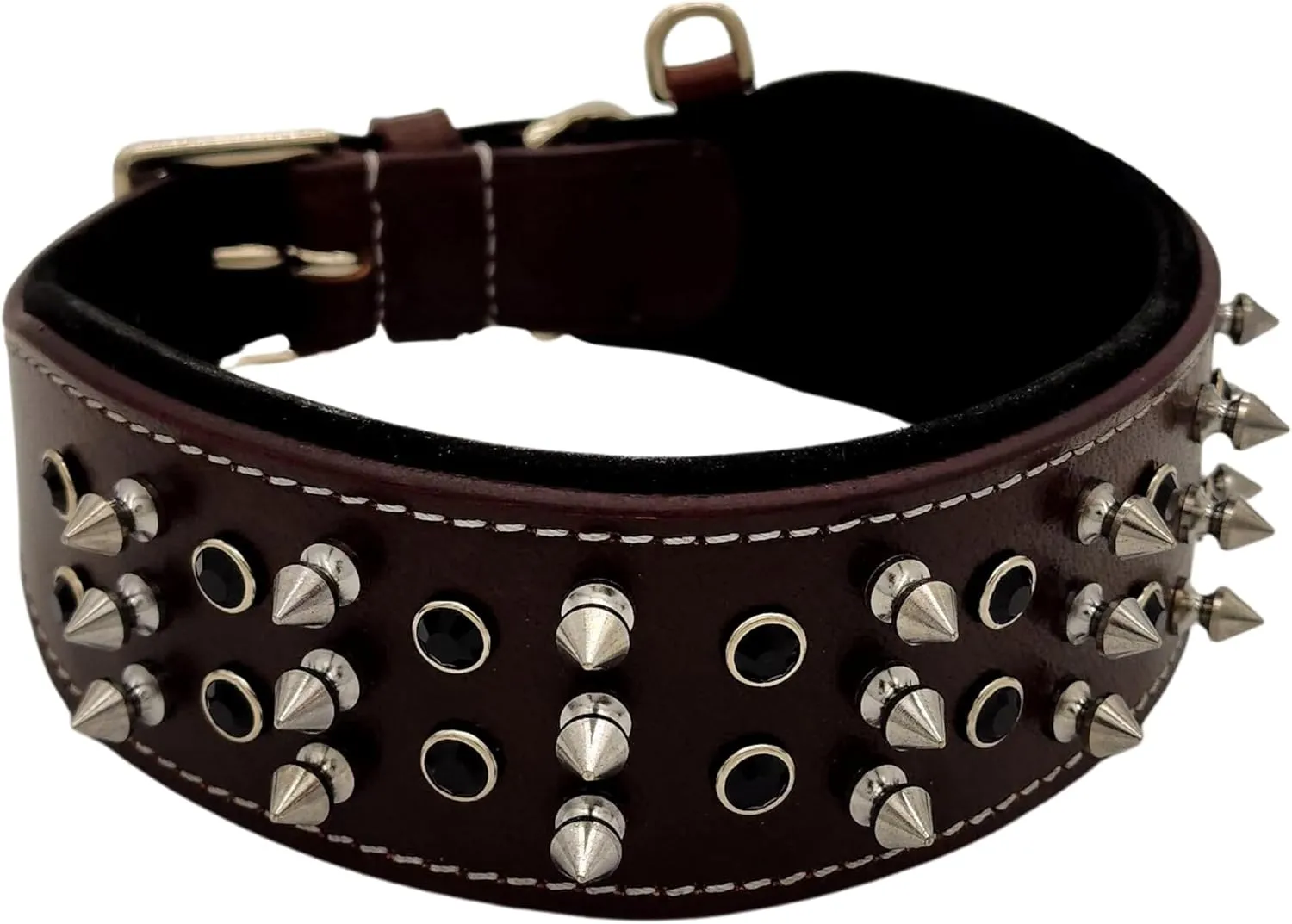 BlazingPaws® Sabrington 2 inch Wide Luxury Spike Leather Dog Collar for Large Dog, with Screw-on Spikes in Premium Brown Bridle Leather and Soft Suede Leather Padding (Neck Size: 23-27 Inches, Brown)
