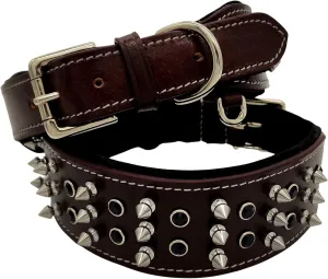 BlazingPaws® Sabrington 2 inch Wide Luxury Spike Leather Dog Collar for Large Dog, with Screw-on Spikes in Premium Brown Bridle Leather and Soft Suede Leather Padding (Neck Size: 23-27 Inches, Brown)