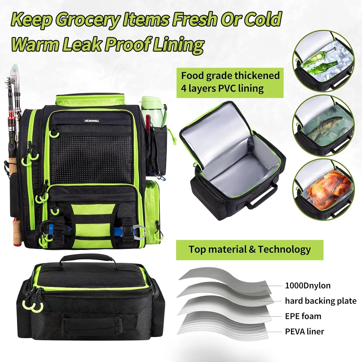 BLISSWILL Large Fishing Backpack with Cooler for 3 Tackle Boxes - Fishing Bag with Rod Holders for Camping and Hiking