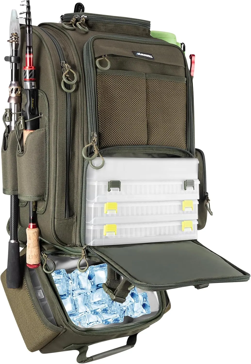 BLISSWILL Large Fishing Backpack with Cooler for 3 Tackle Boxes - Fishing Bag with Rod Holders for Camping and Hiking